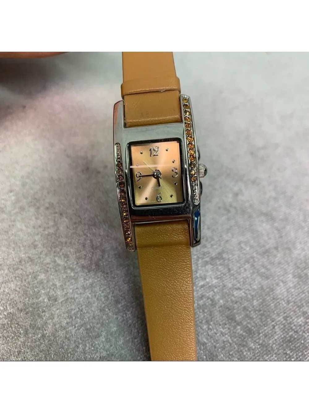 Quartz camel coloured rectangular crystal rhinestone trim watch